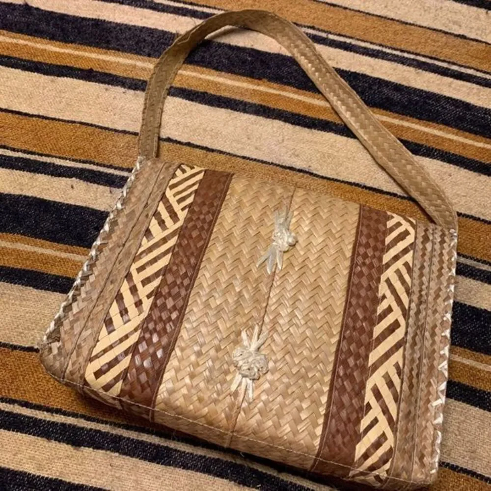 Vintage Woven Shoulder Bag Tropical Floral‎ Raffia Beachy Boho Bohemian Brown